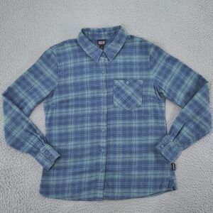 Patagonia Heywood Flannel Shirt Women 2 Blue Plaid Worn Wear Organic Cotton LSBU